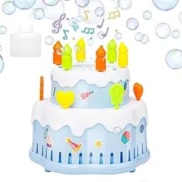 Birthday Cake Bubble Making Machine with Music & LED Lights, 13‑Spinning Wands, 5000+ Bubbles/Min, Built‑in Solution & DIY Stickers, Portable Bubble Blower Toy for Kids image 1
