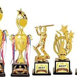 Spellbale Cricket Trophy Set, Champion 16 inch, Runner Up 12 inch, Best Player 20 cm, Best Batsman 20 cm, Best Bowler 20cm, Golden Finish with Black Base-picture-10