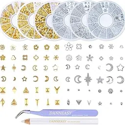 OYCOLOR 6 Wheels Hollow Metal Nail Art Studs Set Gold Silver 3D Nail Charm Star Moon Shell Flower Manicure Decoration Salon With 1Pc Curved Tweezers And Wax Pen-image-4