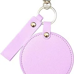 Havilah Round Shape Pocket Mirror PU Leather Keychain Rotating Mini Cosmetic Mirror – Purple-image-27