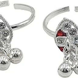 sahiba gems Pure Silver (Chandi) Designer Red Cz Ghungroo Toe Rings/Bichiya For Women-picture-12
