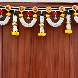 SATVIK CREATIONS Hindu Door Toran Decoration, 41 inches, Traditional Om Symbol Pearl Bandarwal, White and Yellow Artificial Flowers-picture-24