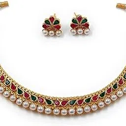 Gold Plated Traditional Green Choker Necklace Jewellery Set For Women/Girls (MC120)-image-22