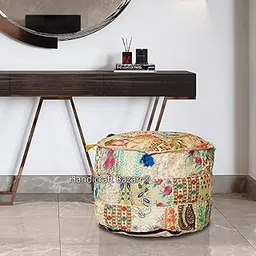 Handicraft Bazarr Vintage Khambadiya Patchwork Pouf Ethnic Footstool Footrest Puff Cotton Ottoman Bean Bag Embroidered Seating Pouf Cover 18 Inch Round (Yellow)-picture-10