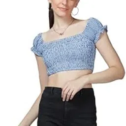 Women Blue Gingham Smocked Crop Top | 100% Cotton, Casual Summer Top, Short Sleeves, Off Shoulder Neckline | Perfect for Casual Outings & Trendy Summer Looks-image-62
