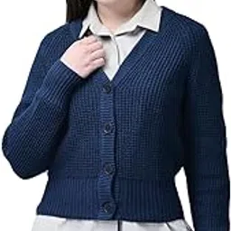 woods Women’s Dark Blue Solid Regular Fit V-Neck Pullover – Full Sleeve Button-Up Cardigan Sweater for Women-picture-32