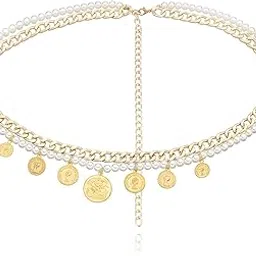 peora 2 Layer Gold Plated Waist Chain Kamar bandh with White Beads & Coin Tassels Jewellery Gift for Women & Girls-picture-11
