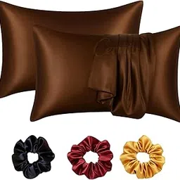 Cerrito Satin Silk Pillow Covers Pack of 2 for Hair & Skin | Size 28"×18" | 3 Multicolor Satin Scrunchies for Women | Soft Smooth Cooling Pillowcases | Anti-Frizz | Hair Fall Control | Brown-image-2