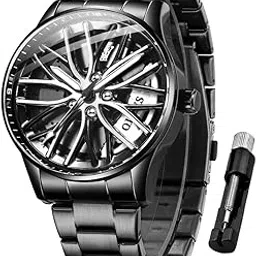 olevs Men's Watch Analog Quartz Fashion 3D Rotatable Car Wheel Stainless Steel Waterproof Luminous Casual Men's Car Wheel Watch-picture-40