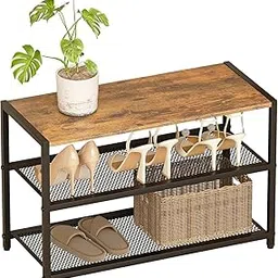 Wooden 3-Tier Shoe Bench with Hanging Heel Storage, Industrial Entryway Organizer, Wooden Top Seating Bench, Metal Mesh Shelves Shoe Rack for Hallway and Closet-image-0
