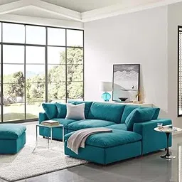 Wooden Twist Modernize Relleno L-Shape Teak Wood 5 Seater Sectional Sofa Set (Teal)-picture-25