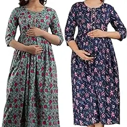 HRK VEMON Women's Pure Cotton Printed Maternity Gown Feeding Nighty A-line Feeding Dress Kurti Gown for Women Pack of 2-picture-36