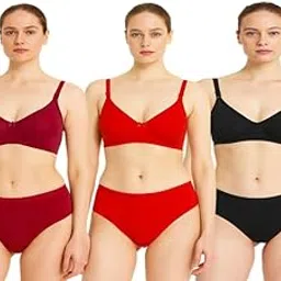 Women's Cotton Blend Non-Padded Bra and Panty Set, Pack of 3, Regular Fit, Adjustable Straps, Mid Waist, Solid Pattern-image-50