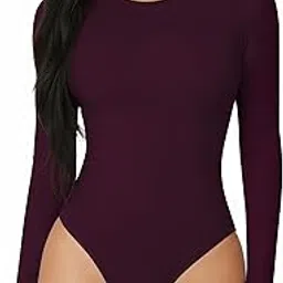 mangopop Women's Round Neck Long Sleeve Tops T Shirt Bodysuit (Long Sleeve (Burgundy), Medium) image 1