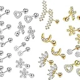 24Pcs Stud Earrings Set Flatback Gifts Barbell for Men Women Silver'|Earrings'-picture-33