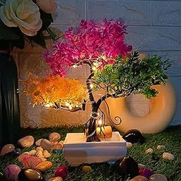 Dodecroo® Plastic Faux Bonsai Plant Potted Tree with LED (24cm) Small Potted Faux Plants | Artificial Plants with Pot | Indoor Potted Plants | Home Decor, Office, Room, Computer Table (Rainbow)-image-30
