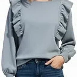 Women's Long Sleeve Ruffle Shoulder Sweater Top, Light Blue, Casual Crewneck Pullover-picture-49