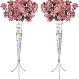 Decorative Floor Vase Set with Stands, Black and Gold Floral Pattern, 2-Piece (White)-picture-30