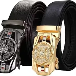 Niddleman Men's Leather Belt with Gold Crystal Buckle, Black, Automatic Ratchet, Adjustable Dress Belt for Business, Formal and Casual Wear-image-1