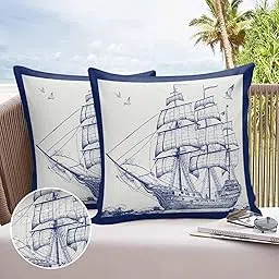 Boanket Outdoor Pillow Covers 16 x 16 in, Navy Blue Nautical Waterproof Throw Pillow Cover Set of 2, Beach Ocean Coastal Seaside Sailboat Home Decorative Square Cushion Covers for Patio/Couch/Garden-picture-10