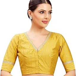 studio shringaar Womens Silk Foil Print Saree Blouse with Elbow Length Sleeves-picture-56