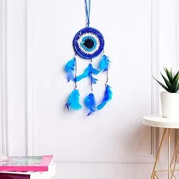9Dzine Turkish Evil Eye Dream Catcher for Car 3 Inch | Dreamcatcher for Home Decor Unique Art Wall Hanging | Blue Dream Catcher with Feathers for Good Luck Protection-picture-54