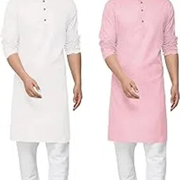 Cotton Blend Traditional Men's Kurta Pajama Set - Pack of 2, Ethnic Indian Wear (White:Pink, 40-L)-image-22