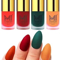MI FASHION Velvet High Finish Matte Nail Polish Combo Set Radiant Nails 9.9ml Each Orange, Tomato Red, Dark Green, Saffron Orange (Pack-4)-image-92