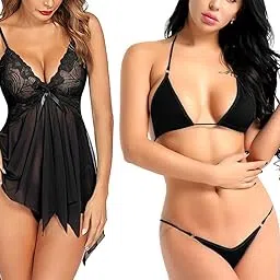 Women's Combo of Polyester Lace Net Babydoll with G-String and 2 Piece Bikini Set X-Small to 2-XL-image-13