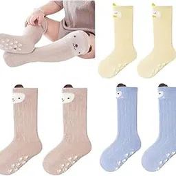 3 Pairs of Baby Kids Children Anti Skid Sleep Spring Winter And Autumn Combed Cotton Long Tube Knee-High Socks (IN, Age, 12 Months, 3 Years, YellowBlueKhaki)-image-86