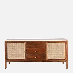 Rattan and Wood Sideboard Cabinet – Storage Console with 3 Drawers and Cane Webbing Doors, Brown Finish – Buffet Table for Living or Dining Room-image-0