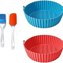 8in Round Silicone Air Fryer Basket with Ear Handles | Nonstick, Reusable, Heat Resistant, Red And Blue Set of 2 with Oil Brush & Spatula-picture-28