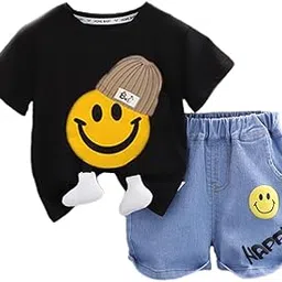 bold n elegant Unisex Kid Cotton Solid Playful Happy Face Print Half Sleeve T-Shirt & Denim Shorts Summer Clothing Set-picture-12