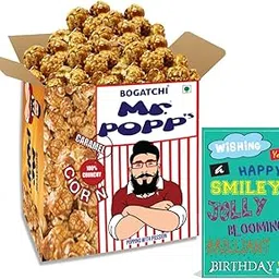 BOGATCHI Mr.POPP's Caramel Popcorn, 100% Crunchy Delicious Fully Popped Corns, Handcrafted Gourmet Popcorn Snacks, Best Birthday Gift for Boyfriend , 375g + Free Happy Birthday Greeting Card image 1