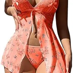 xivir Daisy Lace Babydoll Nightwear - Women's Floral Chemise Two-Piece with Lace Babydoll Lingerie Mesh Wedding Nightie Bridal Dress Honeymoon Valentine Nightdress Orange-picture-12