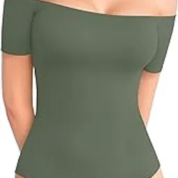 Womens Off Shoulder Short Sleeve Long Sleeve Tops T Shirt Bodysuit Jumpsuit, Short Sleeve Gray Green, X-Large-image-43