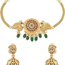 yellow chimes Jewellery Set for Women Gold Plated Green Beads Drop Peacock Designed Bridal Choker Necklace Set for Women and Girls-picture-16