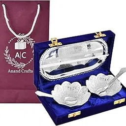 AC ANAND CRAFTS Silver Plated Brass Royal Style Bowl Set with Box for Diwali (2 Bowls 2 Spoons and 1 Tray)-image-1