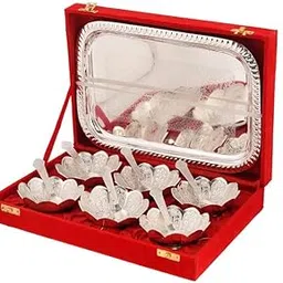 Crafts King Premium German Silver Kamal Bowl Set 13 PCS | 6 x 3.5'' Bowls, 6 Spoons & 12x8'' Tray in Velvet Gift Box | Decorative Serving Set for Diwali, Weddings & Festive Gifting-picture-31