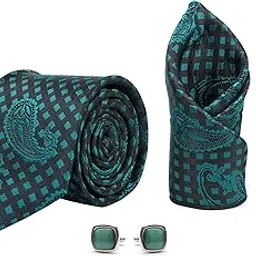 axlon Men's Paisley Micro Wooven Silk Necktie Gift Set With Pocket Square Cufflinks & Brooch Pin Tie for Men Formal Tie Set with Gifting Box (Pack of 4) (AX11_5, Bottle Green)-picture-30