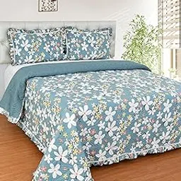 MORADO Luxury Ultrasonic Glace Cotton Side Frills Charming Flower Printed Lightweight All Season Bedspreads/Bed Cover with 2 King Size Pillow Covers - (90x100 Inches, Sky Blue)-picture-22