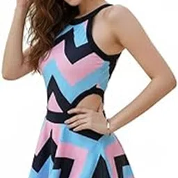 IStyleRight Chevron Print Halter Neck Swimdress with Skirted Bottom & Cut-Out Detail | Stylish Modest One-Piece Swimsuit for Women-picture-28