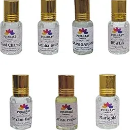 Pujahaat Premium Alcohol-Free Attar Gift Pack Of 7 Floral Attar Combo Ittar Perfume Shyam Darbar, Attarphool, Kachha Bela, Marigold, Kewda, Chameli, Rajnigandha (In Roll on Bottle) 21 ml (7 x 3ml) Combo-7-picture-28