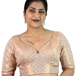 figure's designer Women's Brocade Floral Printed Elbow Half Sleeves Sweet Heart Neck Readymade Saree Blouse Butter Crepe Lining Indian Ethnic Designer Stitched Padded Top Copper Gold White B8-picture-43