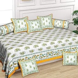 AMLEXTTRIZ SuperWhite Pure Cotton Diwan Cover Set | Rajasthani Design | 8-Piece Set (Bedsheet, Cushion & Bolster Covers) (Yellow) image 1