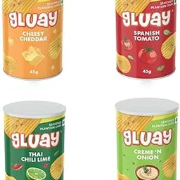 GLUAY Pack of 4 Combo | (Spanish Tomato, Cheesy Cheddar, Crème 'N Onion, Thai Chili Lime) Kerala Banana Chips | Grab 'n' Go Cans - 180g (45g x 4)-picture-11