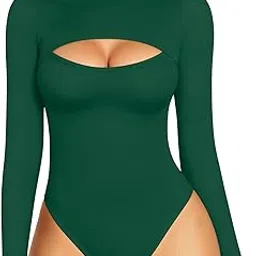 mangopop Mock Neck Cutout Front T Shirt Sleeveless Long Sleeve Short Sleeve Bodysuit for Women, Long Sleeve Deep Green, X-Large-picture-22