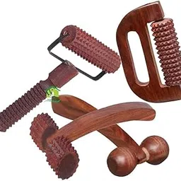 FA INDUSTRIES® Wooden T Massage (7x4) & D Handle Massager (6x3.5) & Face & Neck Massager for Therapy Combo Kit For Stress, Pain Relief - Brown Colour (Set Of 4)-image-0
