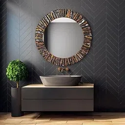 Luvaura Handcrafted Round Wall Mirror with Antique Frame, Decorative Accent Mirror with Textured Black, Copper & Gold Finish Modern Art Mirror for Bathroom, Living Room (24" Inches Round)-image-56