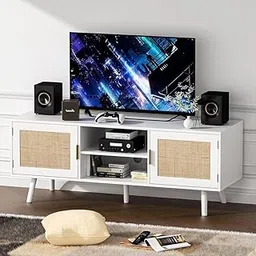 Goldview Furniture Modern White TV Stand with Cane Doors – 2-Door Media Console with Open Shelves, Solid Wood Legs & Rattan Panels – Mid-Century Entertainment Unit for Living Room-picture-19